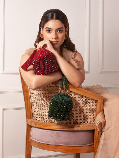 Trishala in our Red Starry Roohi Bucket Bag