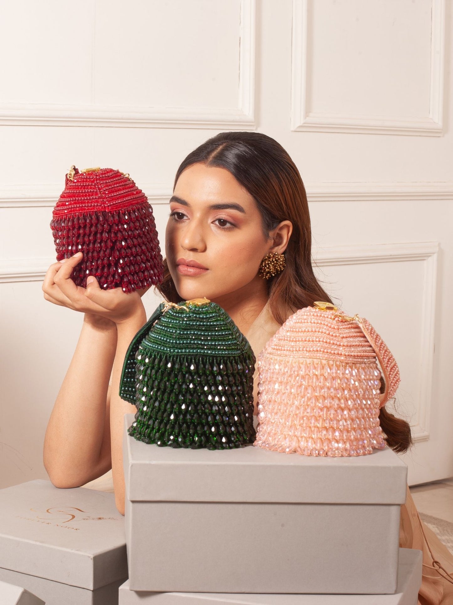 Trishala in our Red Starry Roohi Bucket Bag