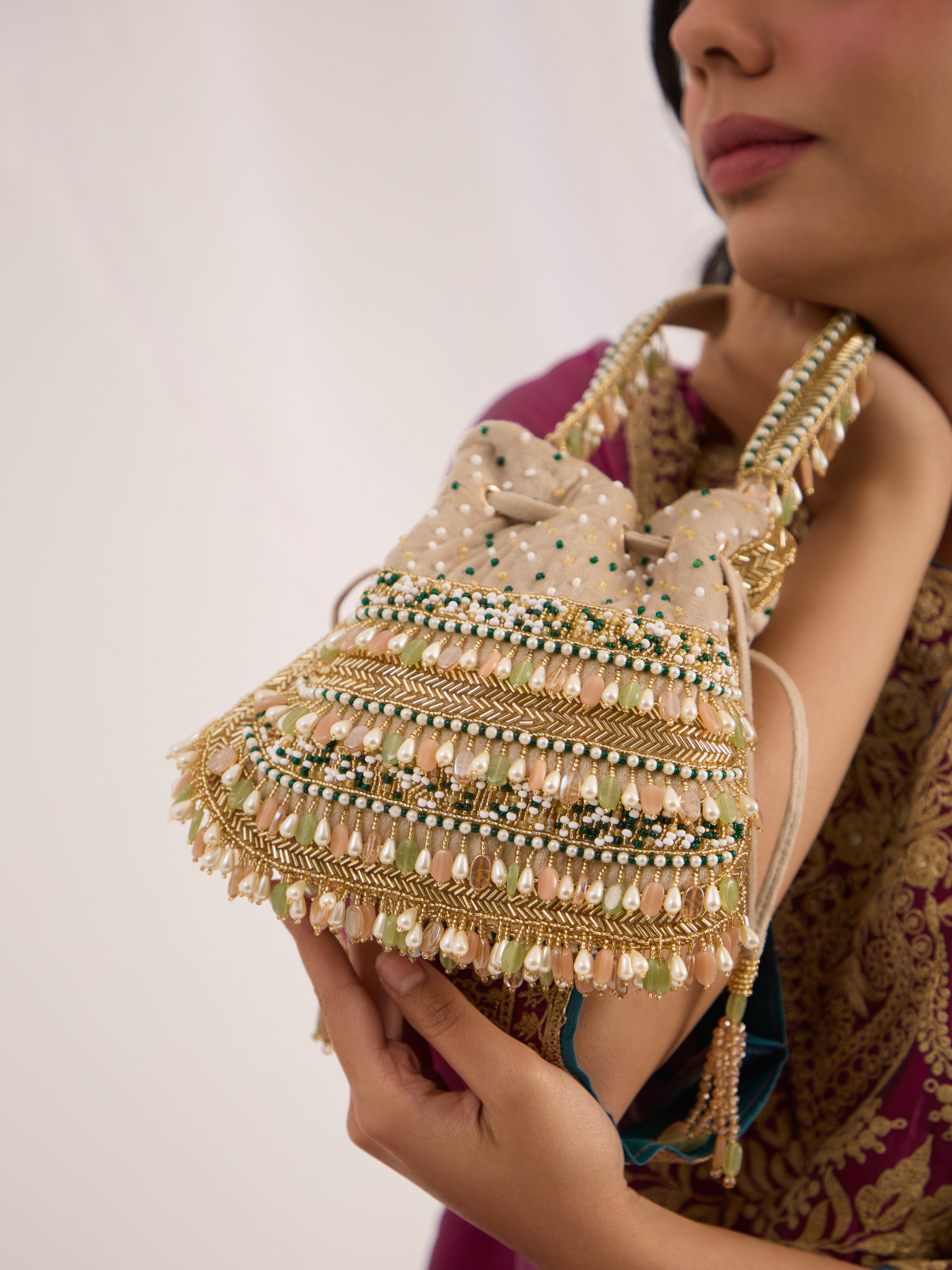 Zaraha Potli- Peach Green Beige