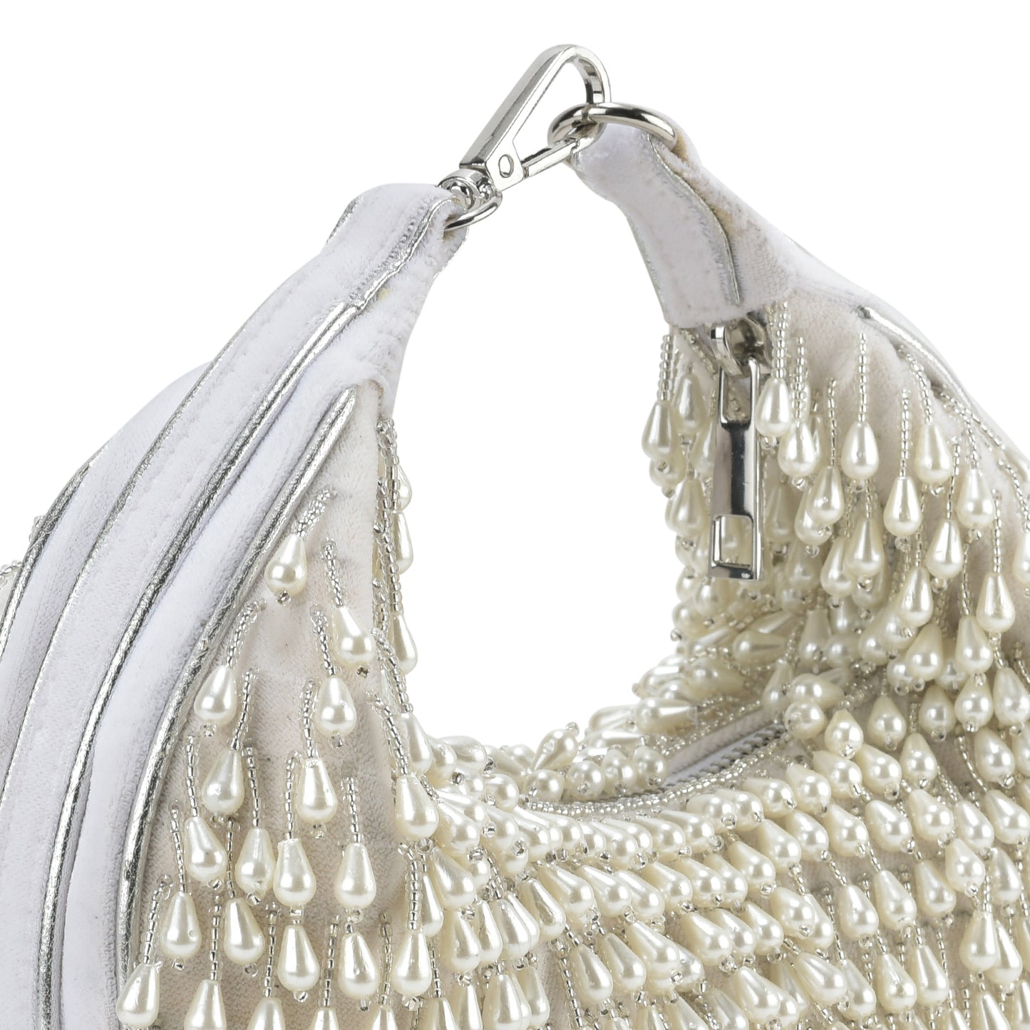 Ivory Embellished Venti Pearl Tasselled Hobo Bag