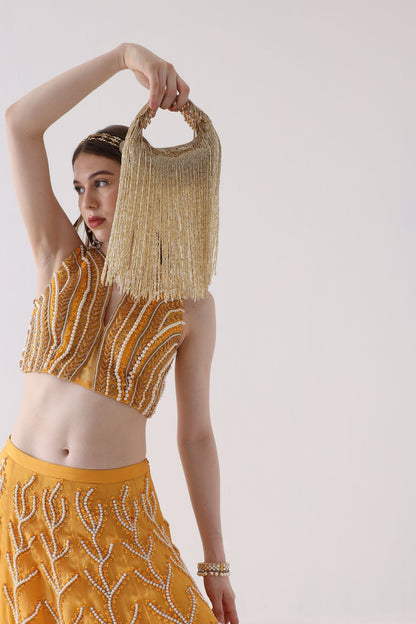Golden Embellished Zaha Tasselled Cutdana Bag