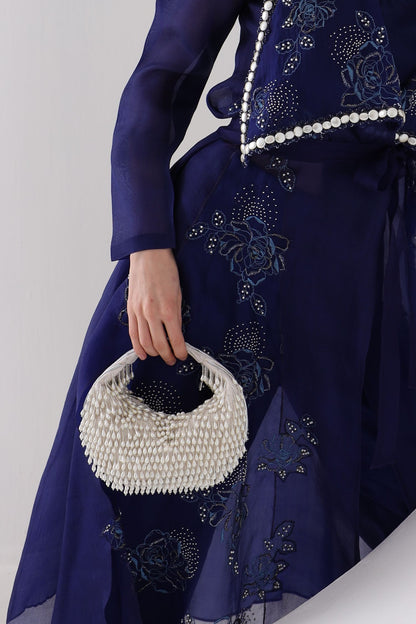 Ivory Embellished Venti Pearl Tasselled Hobo Bag
