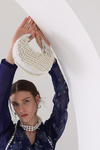 Ivory Embellished Venti Pearl Tasselled Hobo Bag