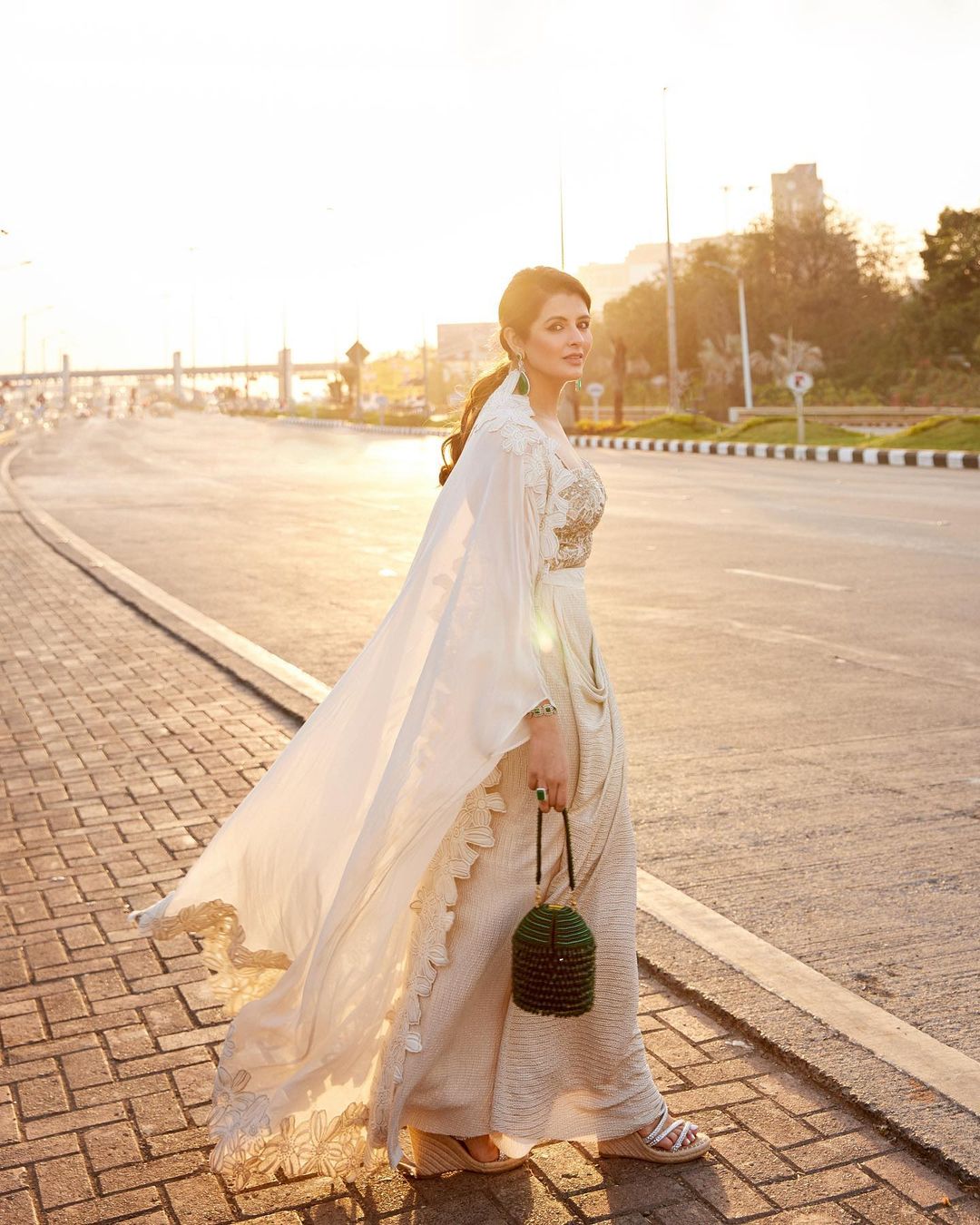 Natasha in our Green Starry Bucket Bag