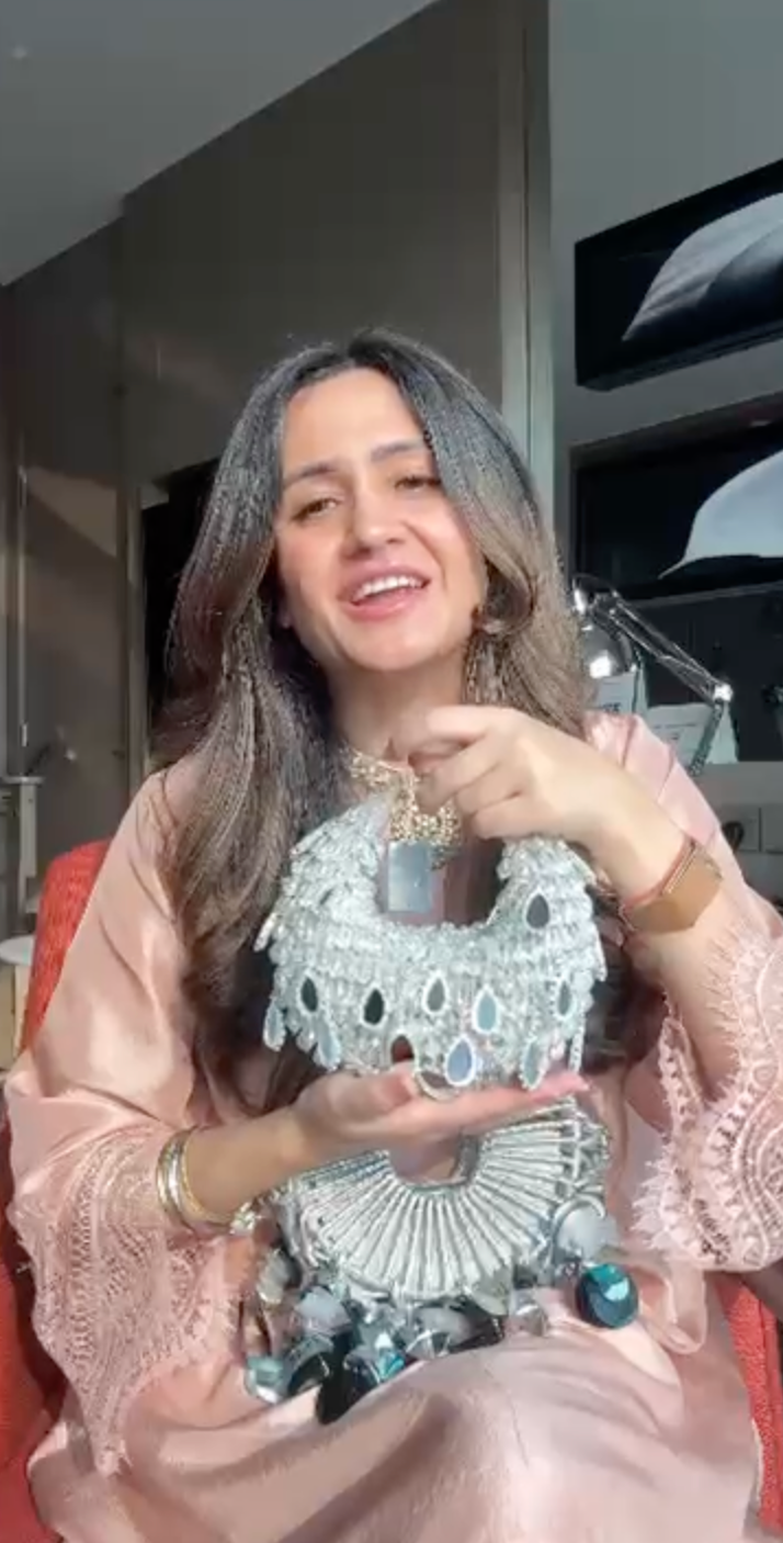 Mitali in our Nano Boat Bag- silver + mirror