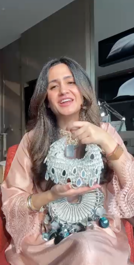 Mitali in our Nano Boat Bag- silver + mirror