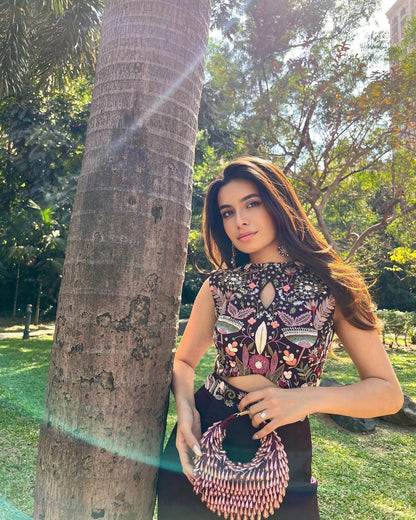 Prerna in Our Nano Pearl Purple Boat Bag
